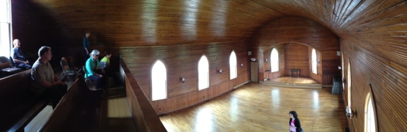 All-wood interior of the first Mennonite Brethren church building in North America, the historic Hillsboro MB church, still in use by Tabor College students. Photo by J. Janzen